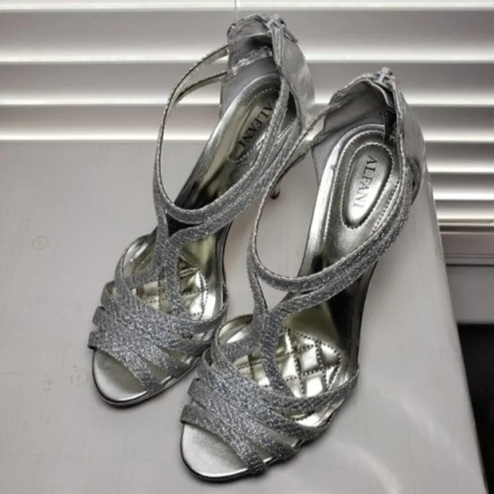 Alfani TACY Silver Open Toe Slip-On Zip Heels